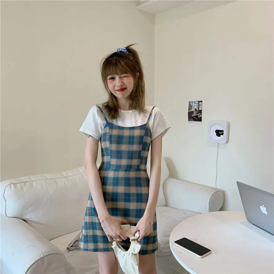

Women Blue Plaid Dress Sexy Spaghetti Strap Above Knee Mini Sleeveless High Street Summer Cotton Clothes Vestido De Mujer 2020