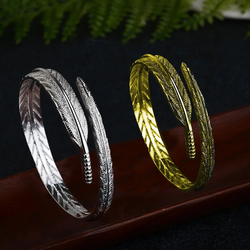 

Ladies's Vintage Trendy 925 Silver Jewelry Angel Feather Leaves Adjustable Open Bracelet For Women Accessoires