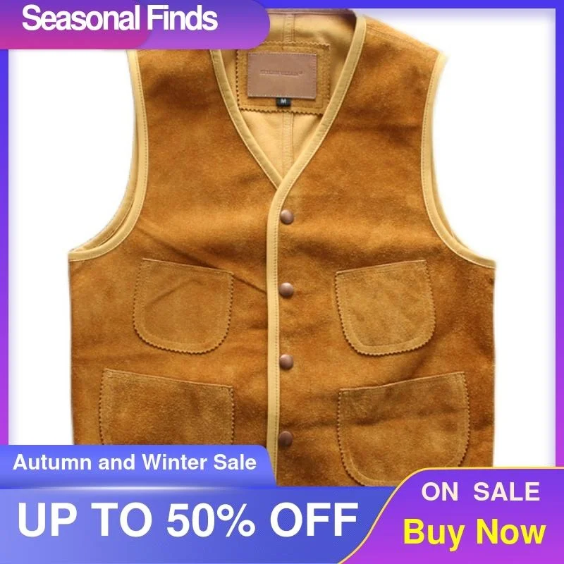 

Yellow 2021 American Casual Style Genuine Leather Vest Men Single Breasted Large Size 4XL Real Natural Cowhide Spring Coat