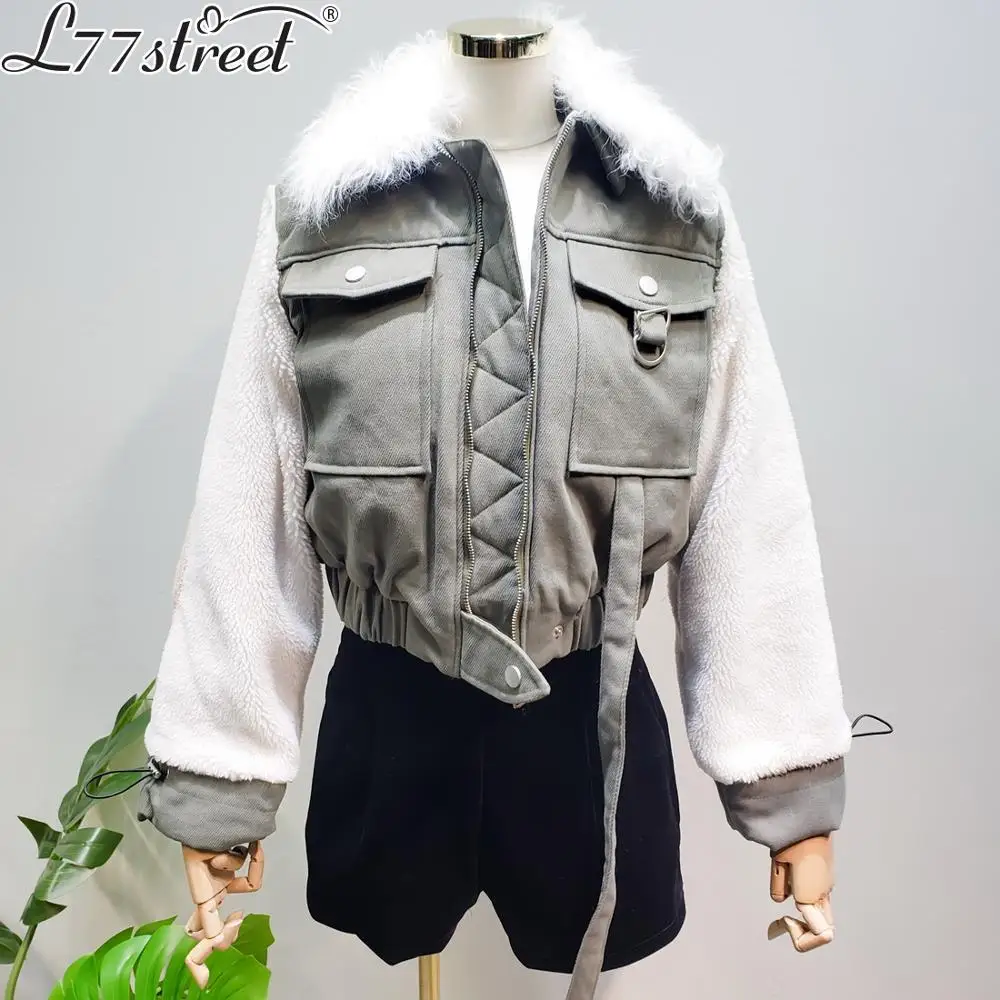 L77street Harajuku стиль ниша пушистые рукава милый Ягненок меховой воротник Короткая секция толстый хлопок Мягкий мульти-карман куртка женская