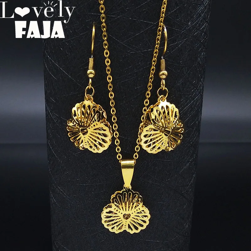 Женский ювелирный набор из нержавеющей стали с цветком ожерелье и серьги