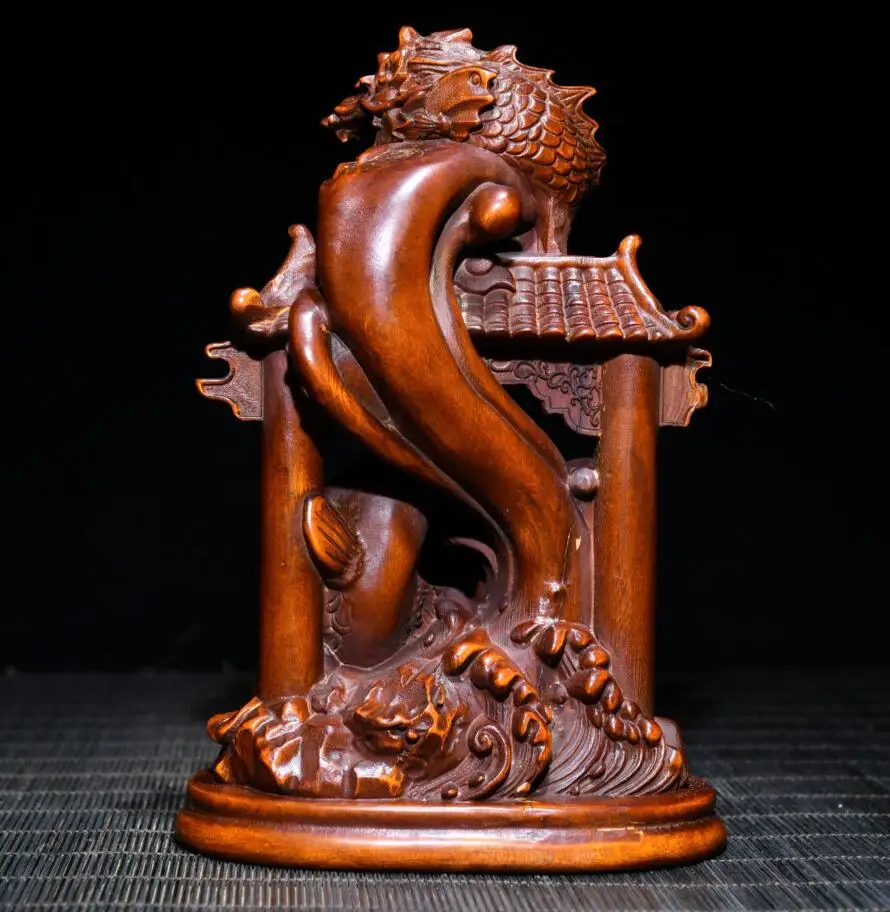 Archaize seiko Hand-carved boxwood Carp Leaping Dragon Gate crafts statue images - 6