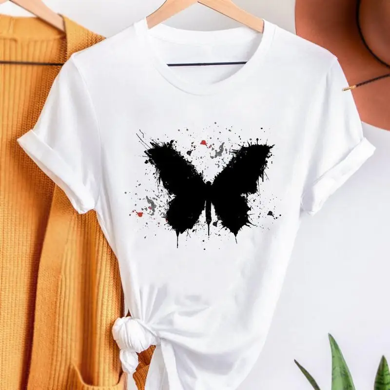 

Футболка женская с коротким рукавом и графическим принтом, Модная стильная рубашка с акварельным принтом бабочки, футболка с круглым вырез...