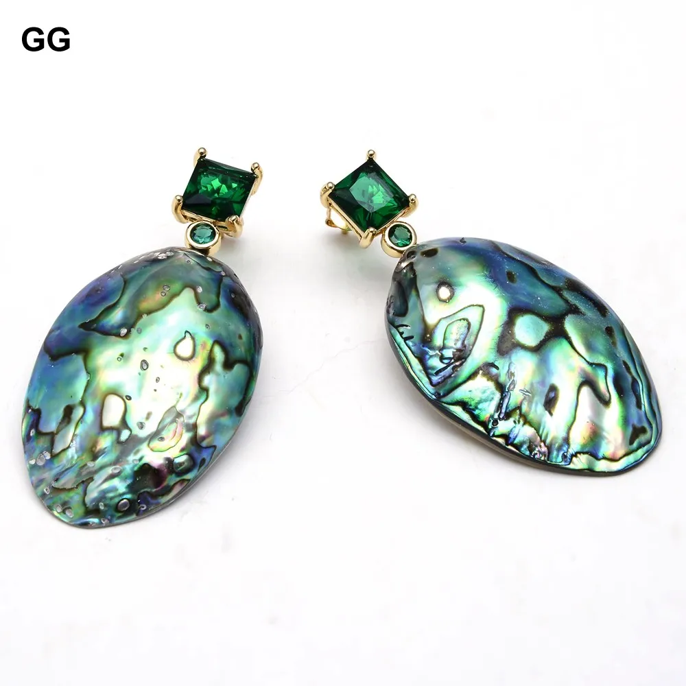 

GuaiGuai Jewelry Natural Green Abalone Shell Freeform Green CZ Pave Stud Earrings Handmade Vintage Style For Women