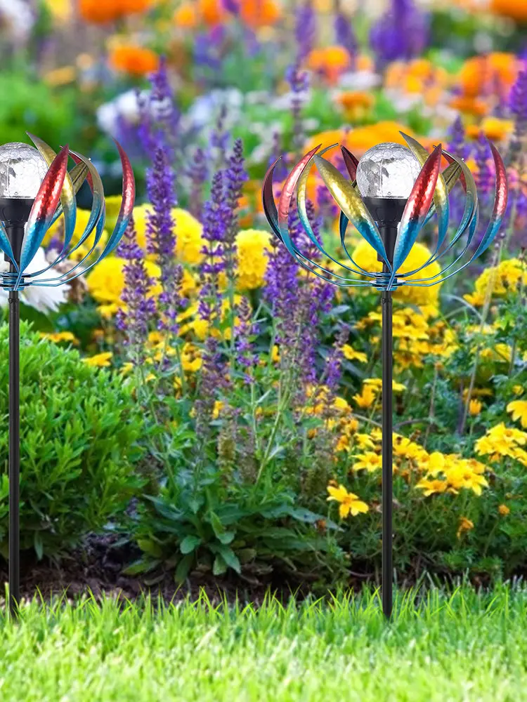 spesifikasi Taman Surya Angin Pemintal Kincir Angin Dengan Multi-warna LED Cahaya Malam Untuk Halaman Rumput DIY Perakitan Saham Dekoratif