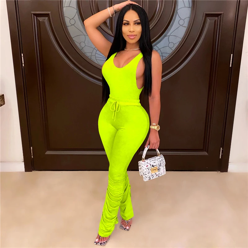 

MY Women Solid Color Outfits Casual Style Backless U-shaped Neck Vest + Ruched Pants Sexy 2 Piece Set Women Clothing