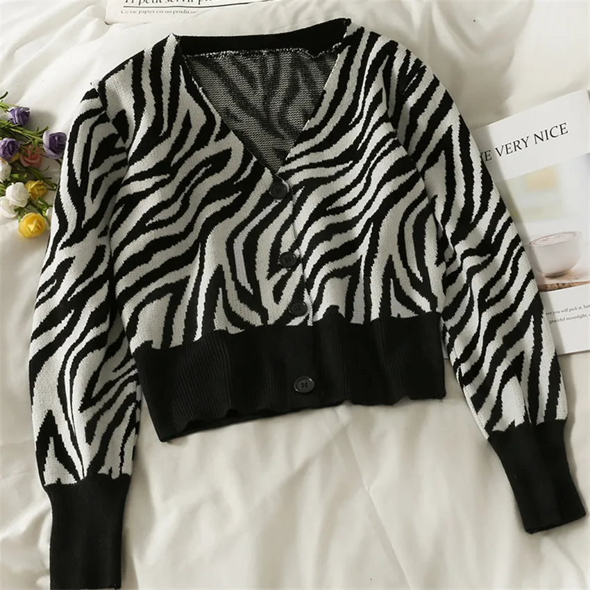 

Korean Style Zebra Striped Sweater Cardigan Women Designer Vintage Knitted Sweaters High Street Fashion Cardigans Mujer Knitwear