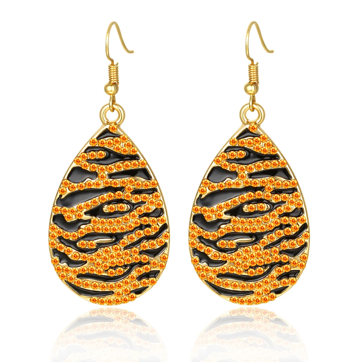

Hip Hop Gold Alloy Tiger Print Waterdrop Earrings Statement Punk Brown Rhinestone Costume Black Enamel Cocktail Party Jewelry