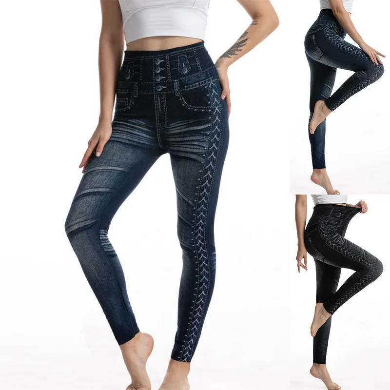 

Plus Size Women High Waist Faux Denim Jeans Leggings Slim Elastic Seamless Skinny Pencil Pants Female Workout Running Leggings
