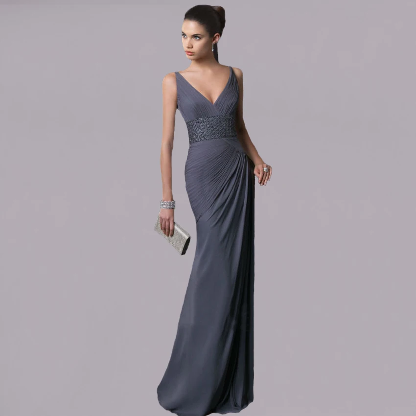 Vestido de festa элегантное серое шифоновое длинное женское платье с v-образным вырезом
