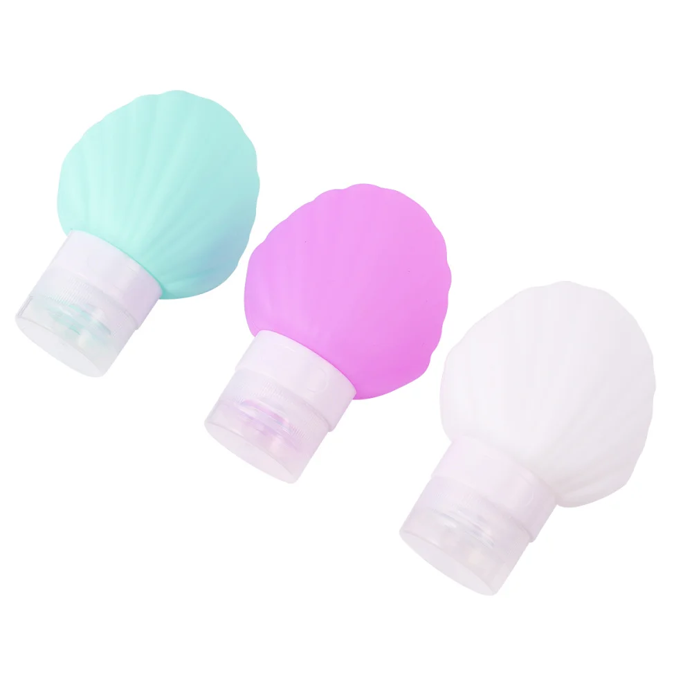 

1 Set of 3pcs 90ML Travel Bottles Soft Silicone Dispensers Shell Shape Refillable Liquids Lotion Shampoo Container with 1pc PVC