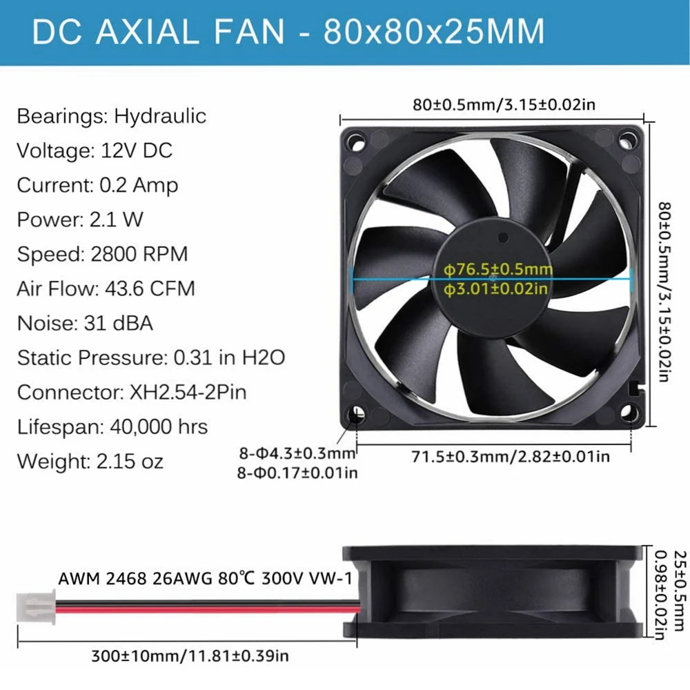 Aokin 80x80x25mm DC 5V 12V 24V Бесщеточный вентилятор охлаждения 2-Pin Высокая