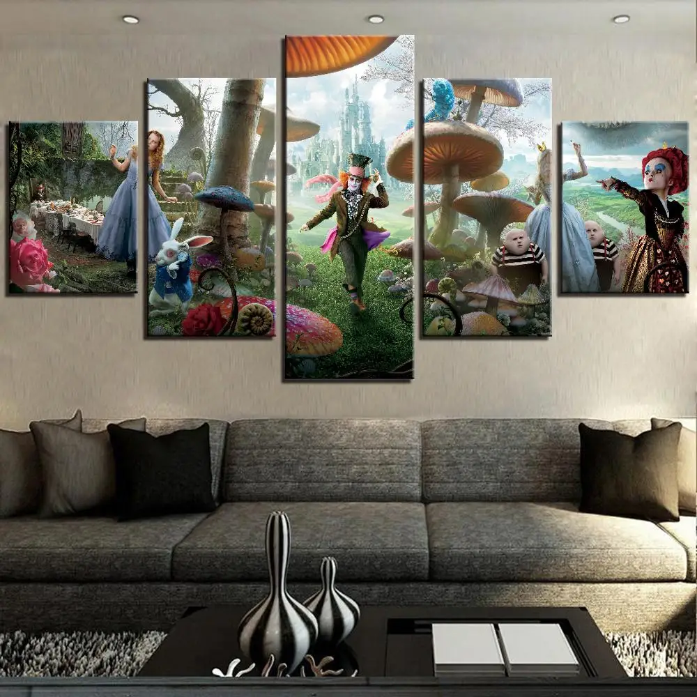 5 Pieces Wonderland Canvas Painting Movie Posters Alice In Forest Wallpapers Animal Picture For Home Kids Room Decor Abstract | Дом и сад