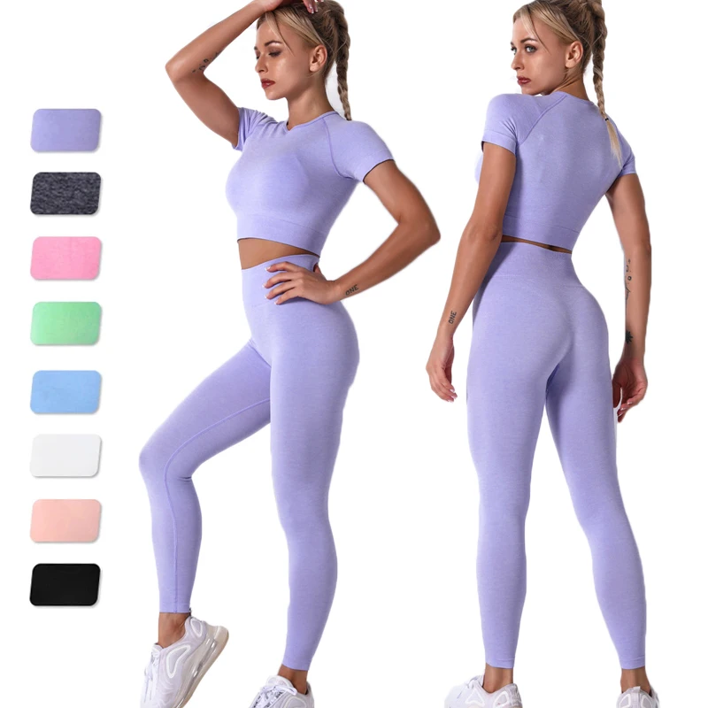 

Summer Sport Set Women 2PCS Two Piece Purple Crop Top Sport Tops Leggings Yoga Sport Suit Workout Seamless Polyester Gym Set -40