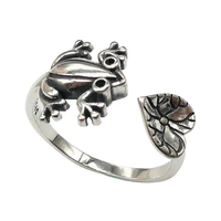 new thai silver retro style diamond studded frog ring made old open lotus leaf index finger ring female