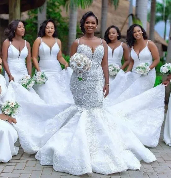 

Южноафриканские Свадебные платья Русалка Спагетти на бретельках Аппликации жемчужины размера плюс Нигерия Vestido De Noiva свадебное платье