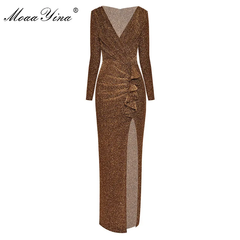 MoaaYina модное дизайнерское платье весеннее женское v-образный вырез длинный рукав