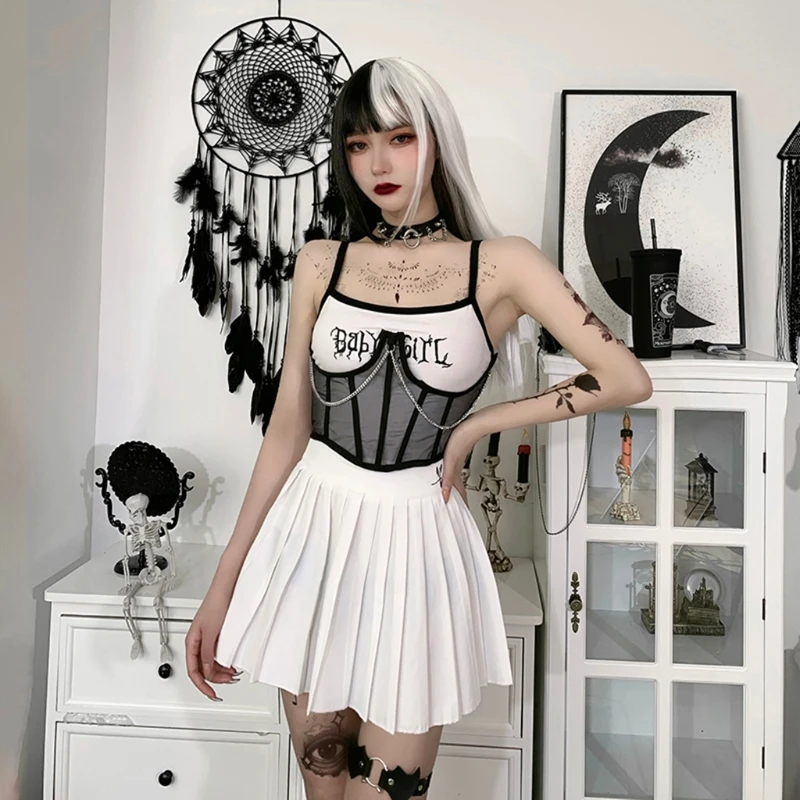 

Gothic Punk Metal Chain Black Mesh Corset Underbust Bustiers Harajuku Vintage Sheer Lace-Up Waist Belt Shaper Cincher