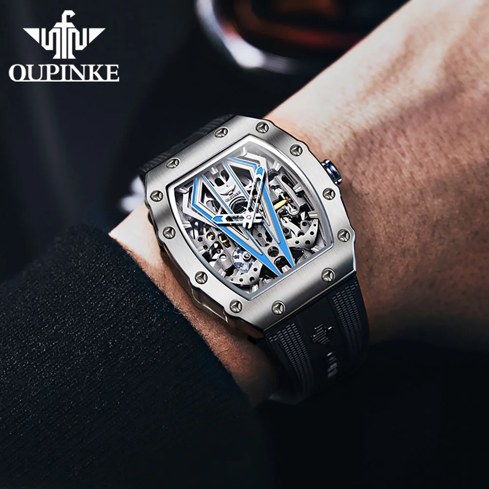 

OUPINKE Brand Luxury Watch for Men Automatic Mechanical Silicone Band Sapphire Mirror Tonneau Skeleton Watches Waterproof Sport