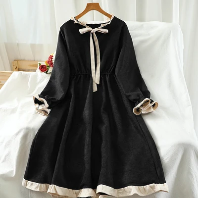 

T779 New Spring Autumn Sweet Girl Dress Lacing Stand Collar Long Sleeve Elastic Waist Preppy Style Women Dress