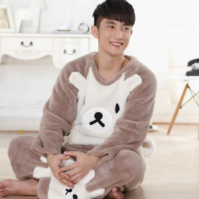 

Pajama Sets Men Autumn Winter Coral Fleece Warm Soft Printed Mens Pajamas Chic Comfortable Homewear Simple New Casual Sleepwear