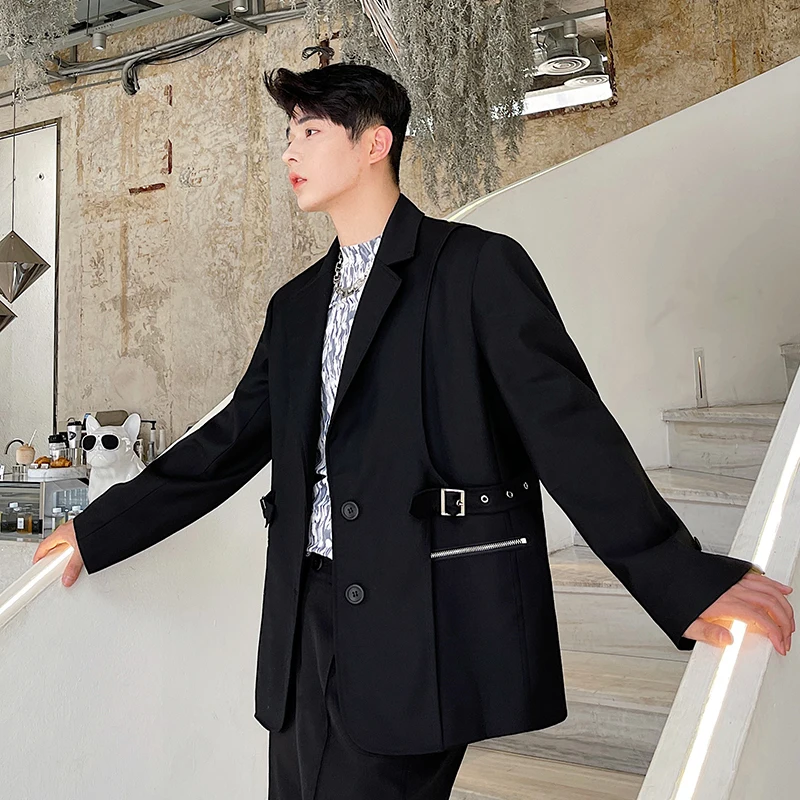 Black Splice Suit Blazer Men Harajuku Streetwear Fashion Loose Casual Suit Coat Male Korean Chic Party Suit Blazers Jacket
