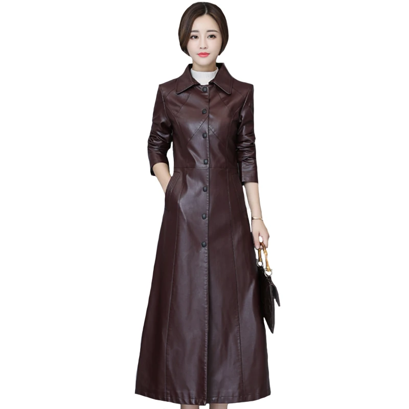 

Fashion X-long PU Leather Jacket Women Winter Autumn Faux Leather Coats Female Single Breasted Trench Coats Outwear