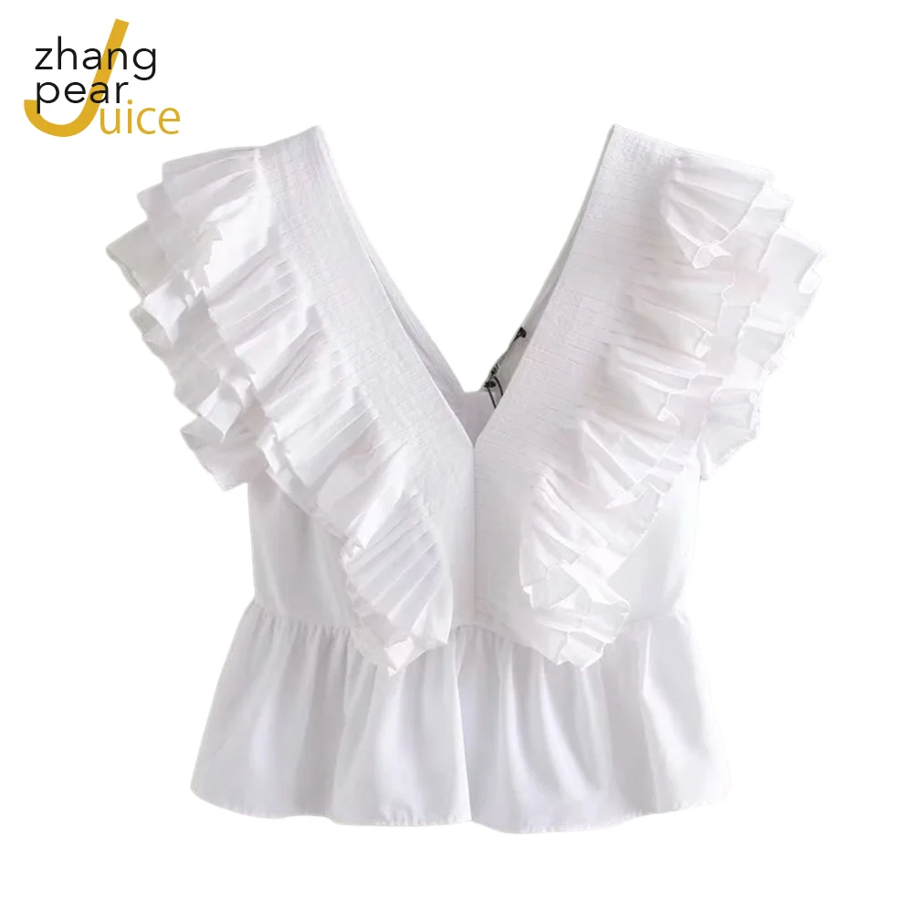 

Women Summer Blouse Shirts Sexy V Neck Ruffle Blouses Solid Ladies Short Sleeve Casual Tops