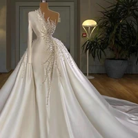 haute couture luxury pearls mermaid wedding dresses one shoulder long sleeve beads bridal gowns elegant wedding dress robes de