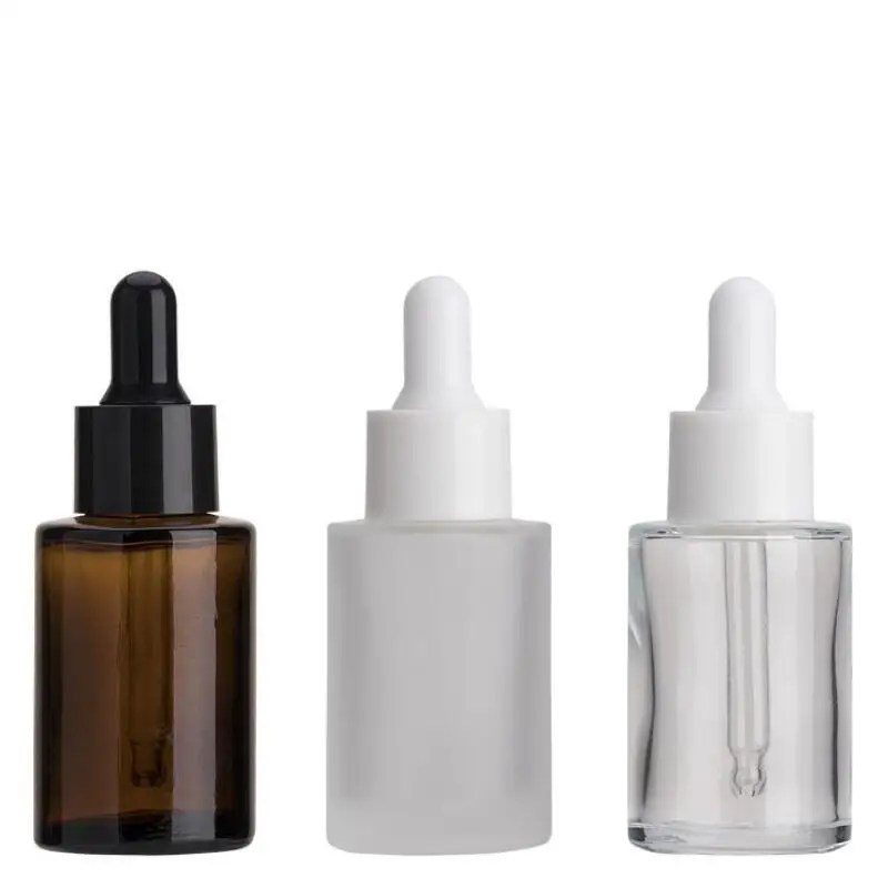 

30ml Glass Bottle Flat Shoulder Frosted Clear Amber Glass Round Essential Oil Serum Bottle With Glass Dropper LX3165