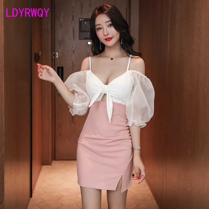 

LDYRWQY2021Nightclub women's autumn and winter new low-cut bag hip waist waist cover belly strap sexy dress
