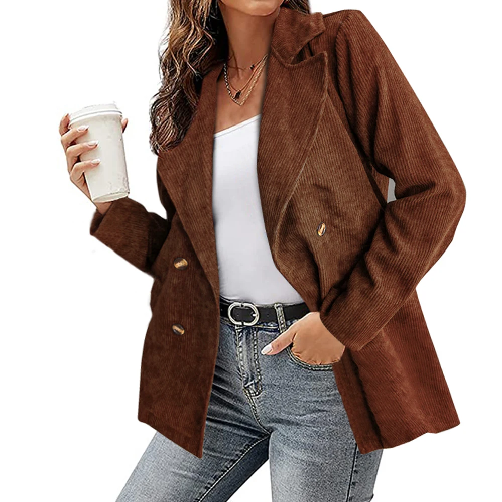 

Elegant Women Corduroy Button Autumn Blazer Fashion Long Sleeve Solid Double Breasted Cardigan Turn-down Collar Open Outwear