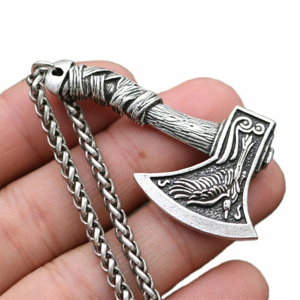 

Mens Vintage Norse Viking Animal Raven Axe Wolf Pendant Necklace Chain