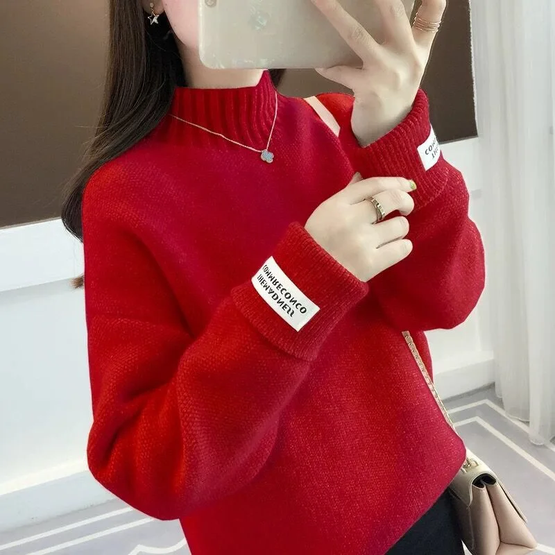 White Winter Sweater Women Letter Patchwork Turtleneck Thicken Warm Long Sleeve Knitted Pullover Jumper Elegant New V673 | Женская
