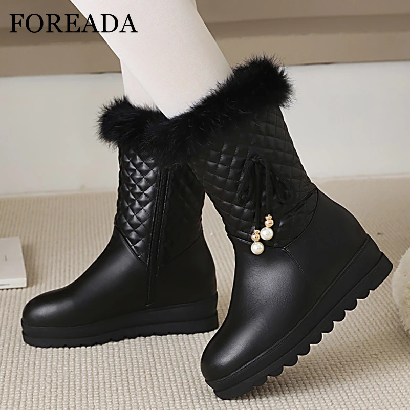 

FOREADA Woman Snow Boots Platform Height Increasing Med Heel Shoes Bow Round Toe Zipper Ladies Boots Winter 33-43 White Fashion