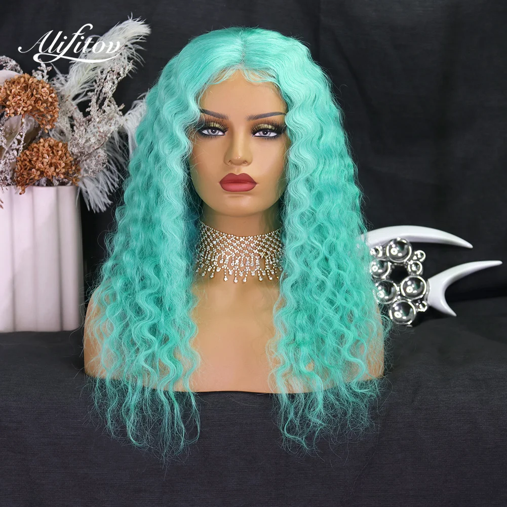

ALIFITOV Green Lace Front Wigs Kinky Curly Human Hair Wigs Brazilian Virgin Hair Pre-plucked Wigs For Women