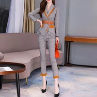 high quality casual womens suit pants two piece set 2021 new spring elegant ladies plaid blazer jacket business attire belt