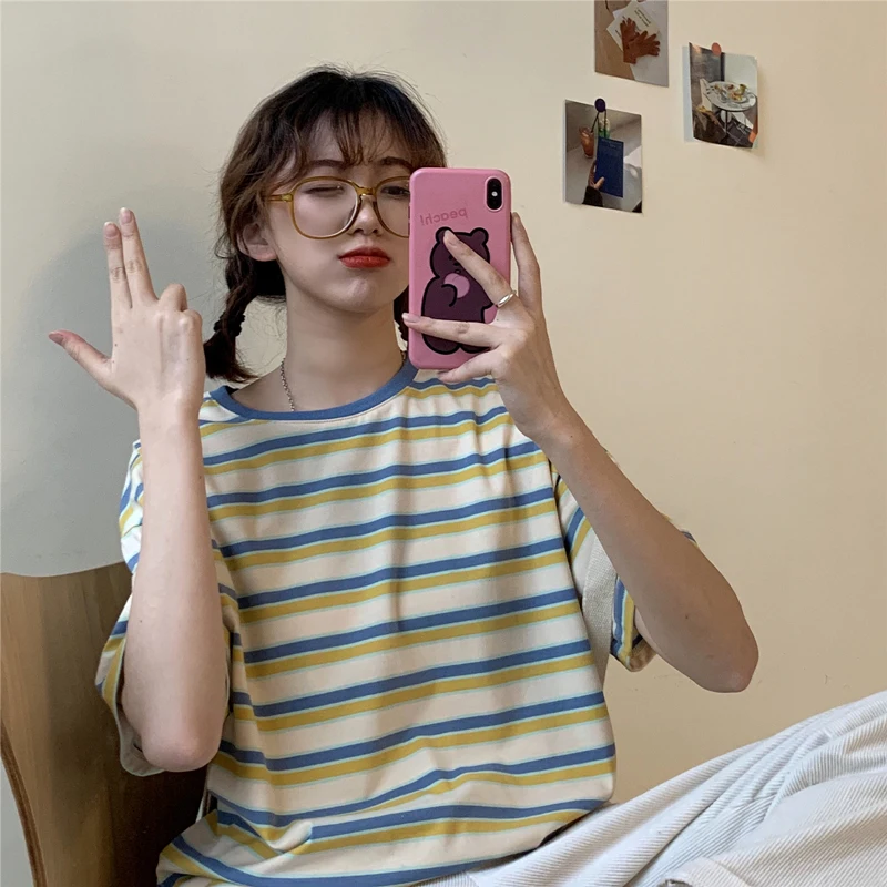 Свободные винтажные цветные полосатые Повседневные базовые уличные футболки с