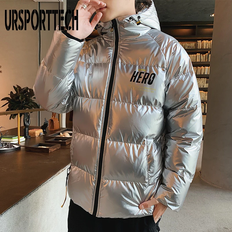 Зимняя мужская куртка Толстая теплая парка куртки серебристого цвета Яркая
