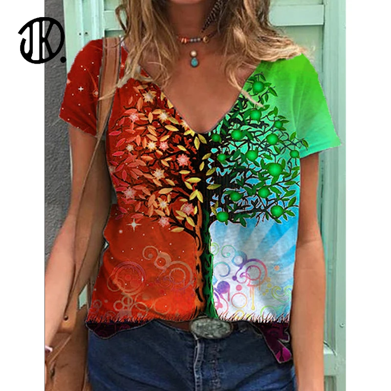 

Summer Floral Printed Harajuku Pullover Ladies Short Sleeve T Shirt Tops For Women V-neck Casual Plus Size T-shirt 3XL Femme Tee