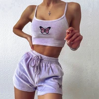yellow velvet crop top and shorts women 2 pieces set 2021 spring embroidery cami drawstring shorts female loungewear suit