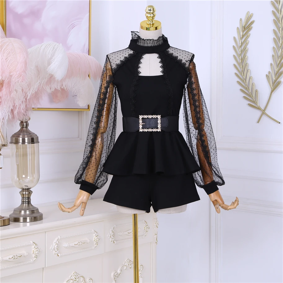 Женский сетчатый костюм из двух предметов эластичный хлопковый топ с пышными