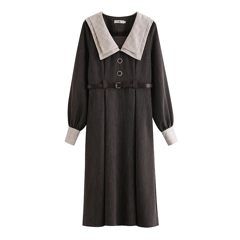 

3 Colors Koran Fashion Women Dress Vintage Double Layer Collar Lantern Sleeve Belt Elegant Lady Dresses Vestido Ropa Mujer