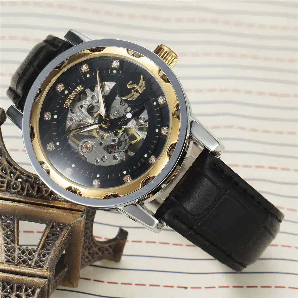 Top Brand Luxury Men Watches SEWOR New Classic Man Watch Leather Strap Mechanical Hand Wind Skeleton Wrist zegarek meski | Наручные часы
