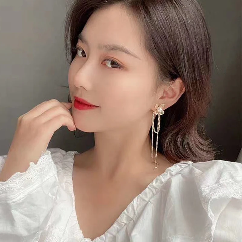 Новые Асимметричные Длинные серьги с кисточками в виде цветка корейские