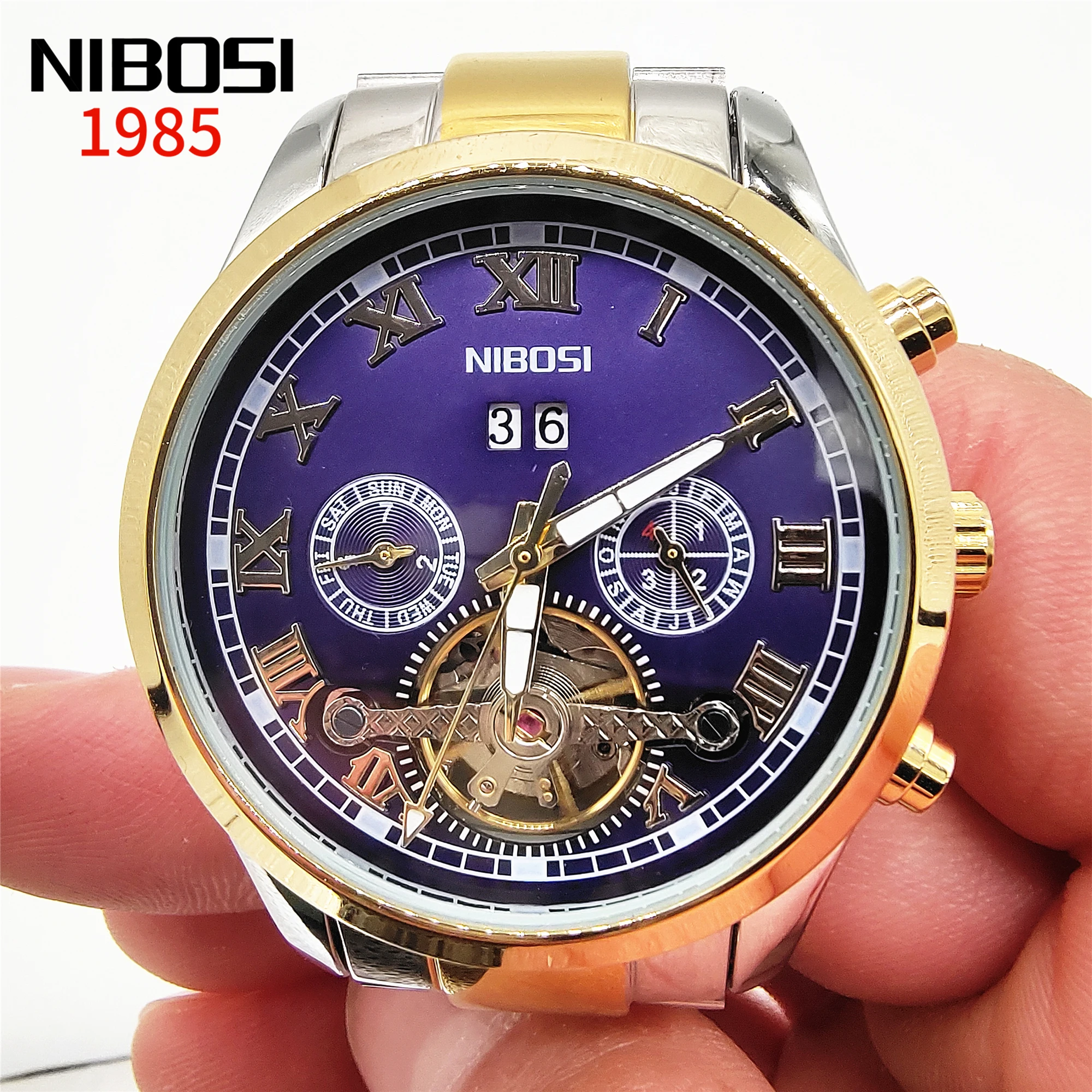 

NIBOSI Sapphire Glass Automatic Mens Wacthes 100M Waterproof Stainless Steel Mechanical Watch Men Gold Luxury Sport Tourbillon