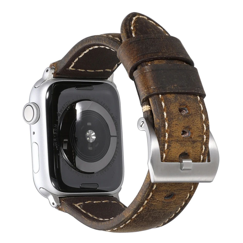 Ремешок для часов Iwatch, серебристый, черный, ремешок для наручных часов ручной работы, браслет из натуральной кожи для Iwatch, 38 мм, 40 мм, 42 мм, 44 мм