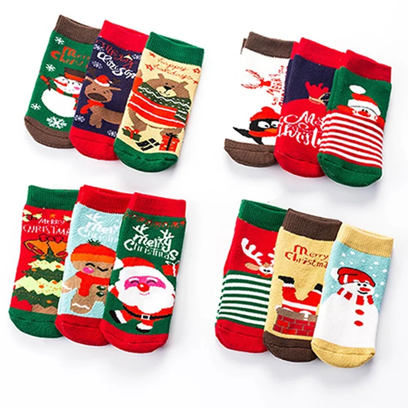 

3 Pairs Cotton Spring Winter Autumn Baby Girls Boys Kids Socks Children Striped Snowflake Elk Santa Claus Christmas Gifts
