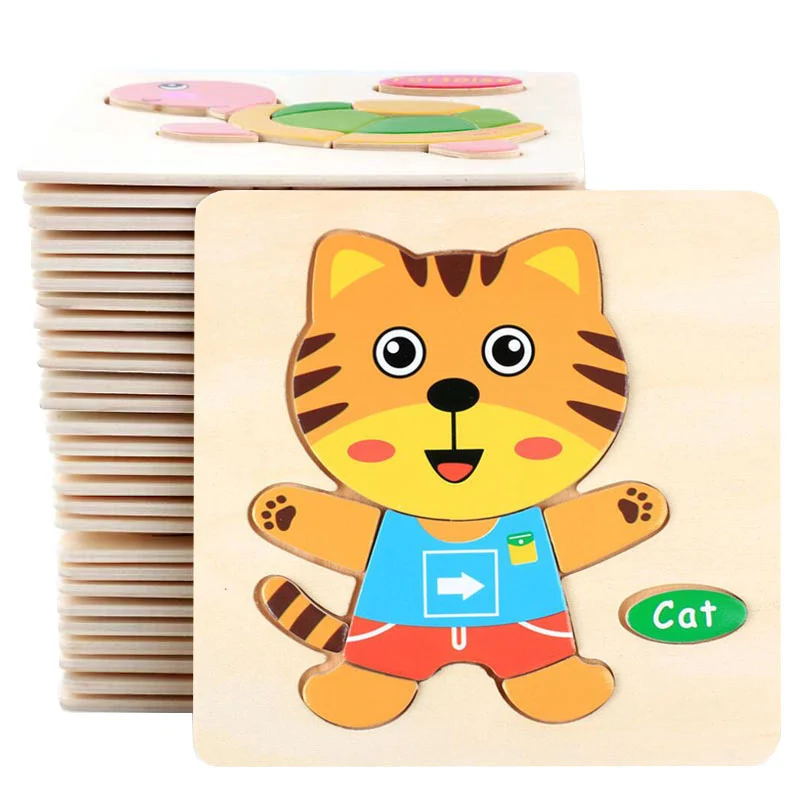 Rompecabezas 3D personalizado de madera para ni&ntilde;os, veh&iacute;culo de dibujos animados, rompecabezas de madera, juguete educativo de Aprendizaje Temprano-0