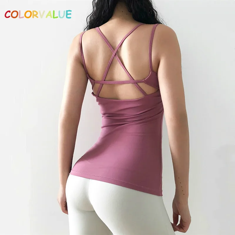 Colorvalue Back Cross Slim Fit спортивный жилет Топ для женщин дышащий мягкий тренировочный тренажерный зал без рукавов рубашки со съемными подушечками